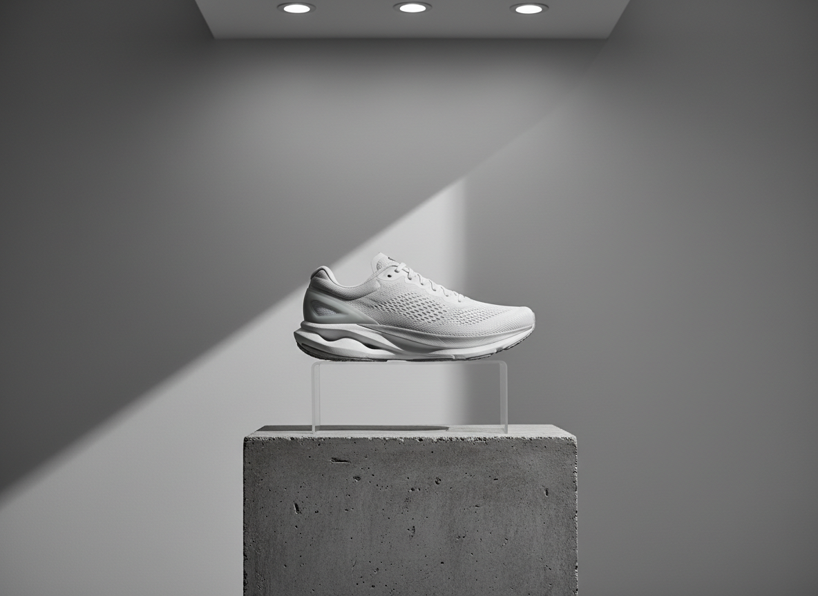 A single, sculptural running shoe displayed on a clear acrylic pedestal atop a textured concrete plinth, surrounded by a halo of soft diffused light from recessed ceiling fixtures above. The shoe’s muted white and grey color scheme, fine mesh pattern, and structured heel counter are clearly visible, conveying a sense of technical mastery and thoughtful design. The background is intentionally understated, consisting of smooth, light grey walls and a sharp linear shadow stretching diagonally for added dynamism. A side-on, eye-level perspective is chosen, with a centered composition and shallow depth of field creating a sense of importance around the subject. The image reflects a photographic, minimalist approach suitable for a high-end running shoe business site.