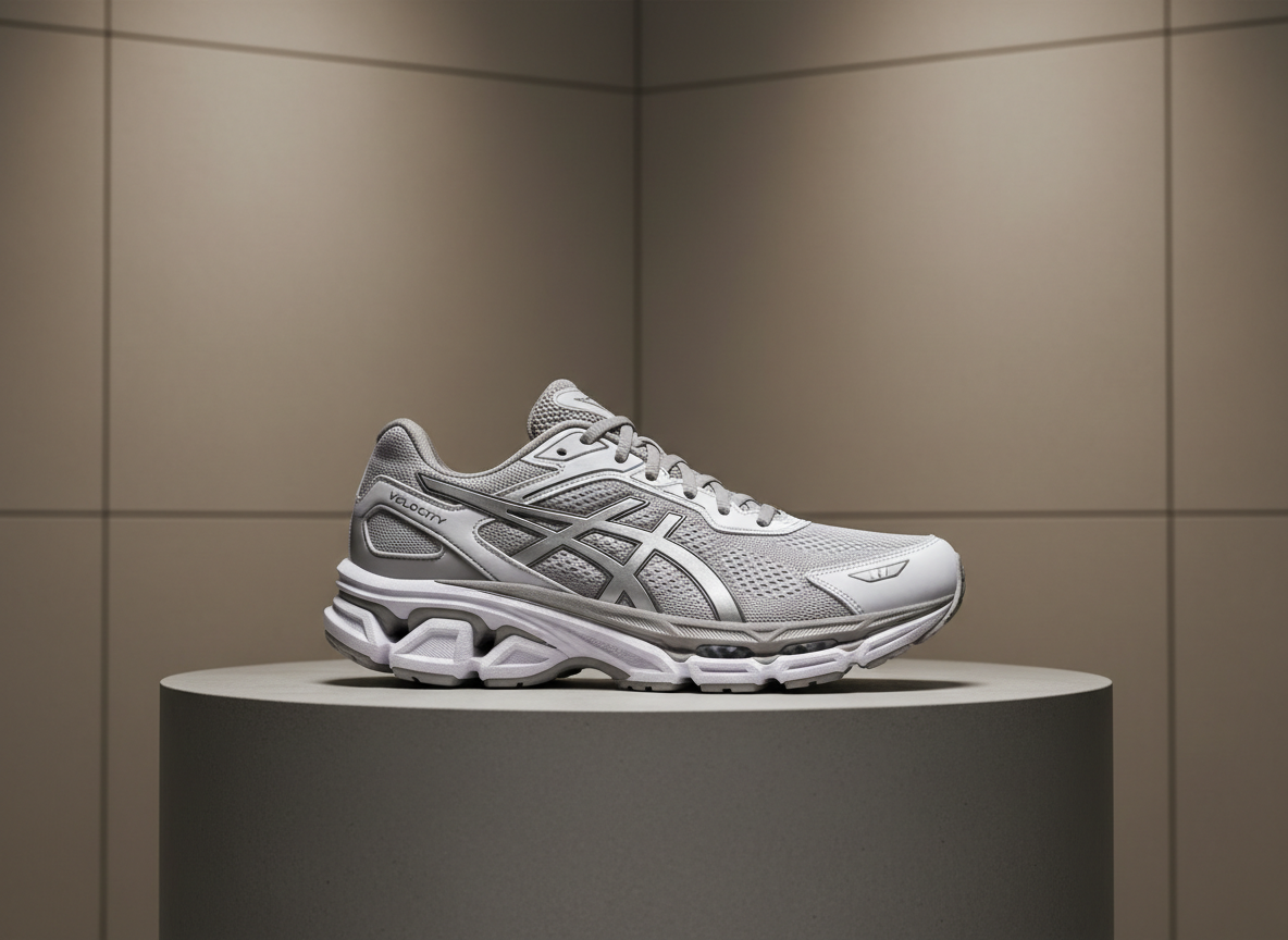 A pair of high-performance running shoes designed with a sleek, aerodynamic silhouette sits elegantly on a smooth, concrete display platform. The shoes feature engineered mesh uppers in neutral greys and whites, with subtle silver accents and a finely textured, cushioned sole, exuding technical craftsmanship. The setting is a minimalist retail environment, characterized by clean architectural lines and a background of soft, matte taupe panels. Diffused overhead studio lighting casts precise, gentle highlights along the shoe contours and shadows that ground the subject firmly in the space. The mood is professional and aspirational, conveying innovation and reliability. The composition employs a centered, slightly elevated camera angle with sharp focus throughout, resulting in a photographic realism that perfectly complements a structured, corporate aesthetic.